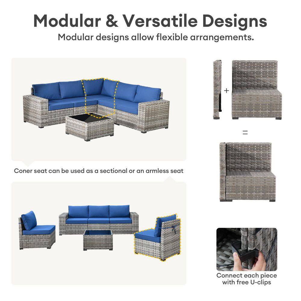 Gray 8-Piece Wicker Outdoor Sofa Set with Navy Cushions