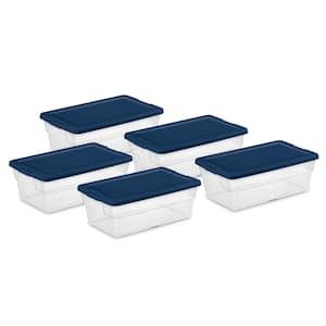 Stackable 6 Qt Storage Box Container, Clear, Marine Blue Lid, 5 Pack