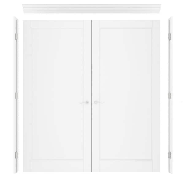 72 in. x 80 in. 1-Paneled Blank Universal-Hand White Solid Core Wood Double Prehung Interior Door+ Quick Assemble Jamb