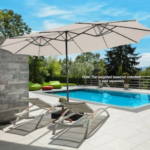 15 ft. Steel Twin Market Solar Patio Umbrella with 48 LED Lights in Beige