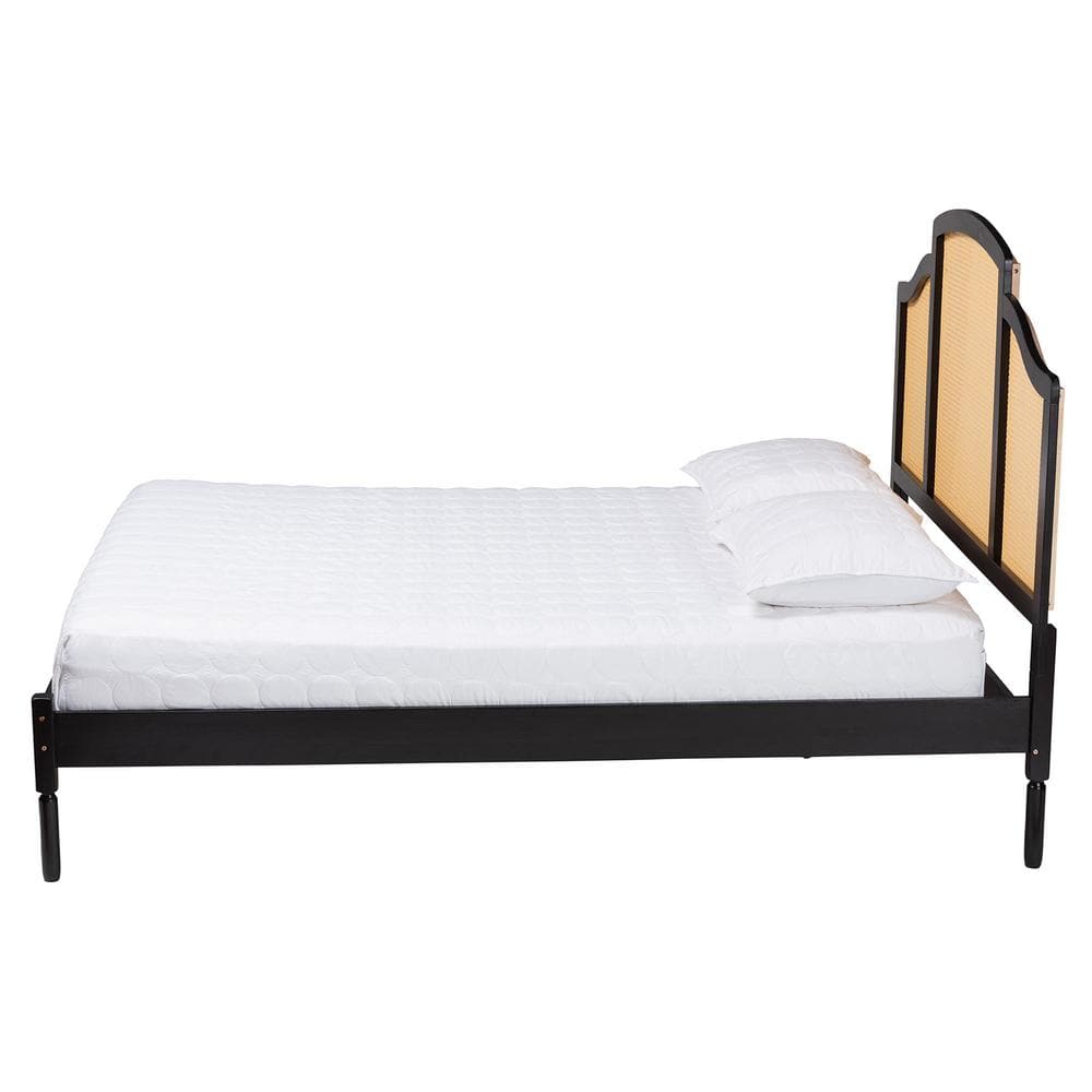 Queen Black Wood Platform Bed with Woven Rattan Headboard