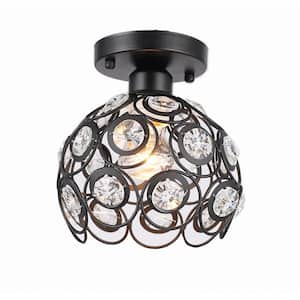 7 in. 1-Light Black Semi Flush Mount Ceiling Light Fixture with Antique Metal Crystal Shade