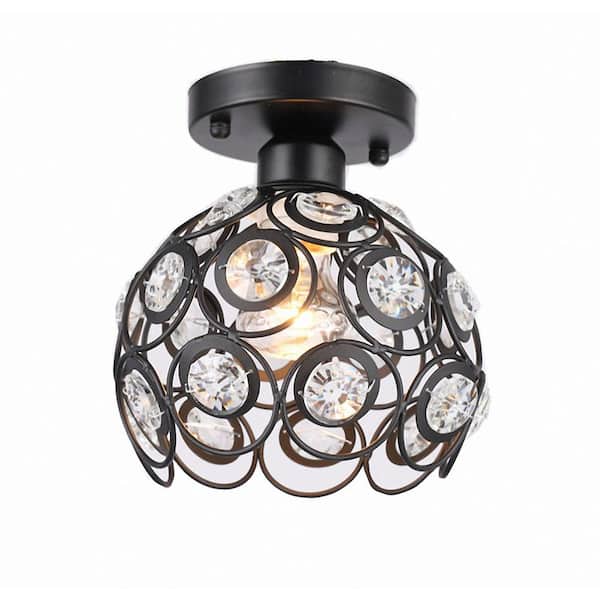 YANSUN 8 in. 1-Light Black Semi Flush Mount - Ceiling Fixture with Antique Metal Crystal Shade