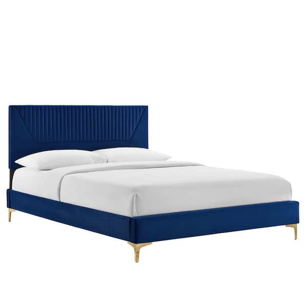 Yasmine Navy Blue Channel Tufted Performance Velvet Frame Queen Platform Bed