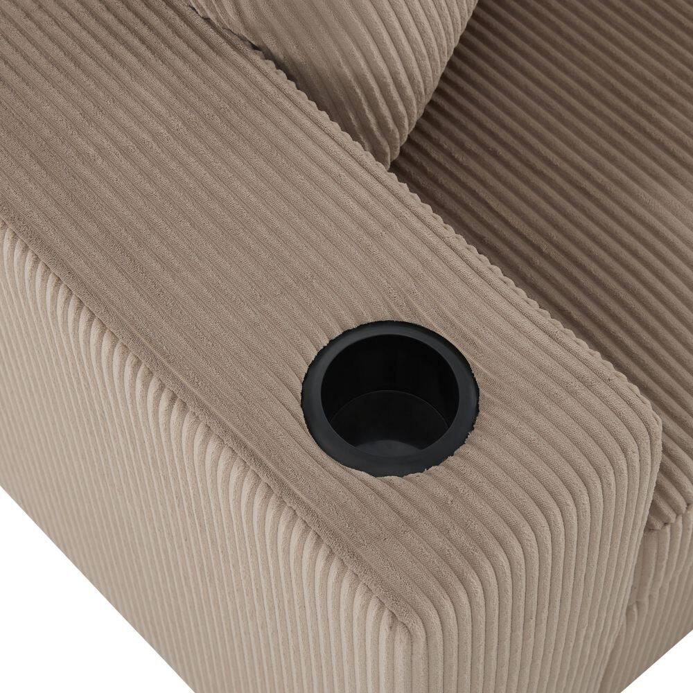 Close-up of the built-in cup holder in the khaki corduroy sofa armrest.
