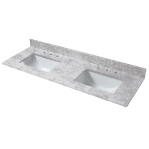 61 in. W x 22 in. D Marble Double Trough Sink Vanity Top in Carrara