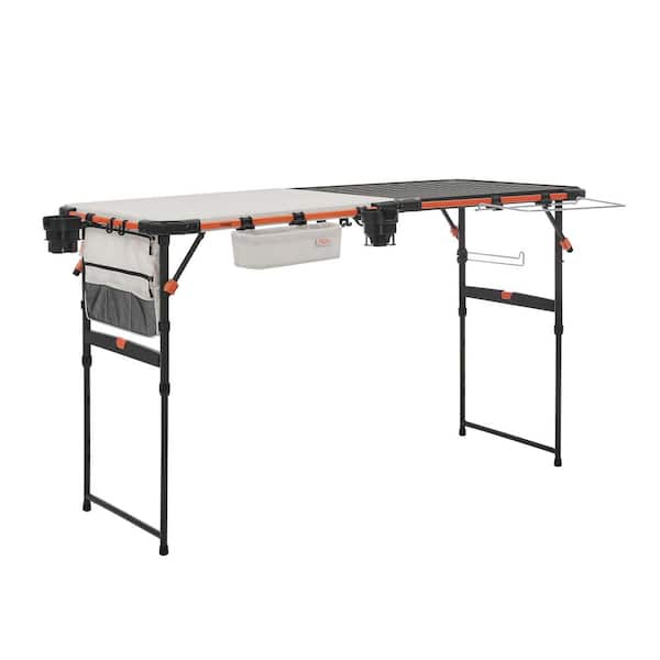 5 ft. Rectangular Almond Resin Top Single Hand Height Adjustable Indoor/Outdoor Folding Utility Table, Seats 4