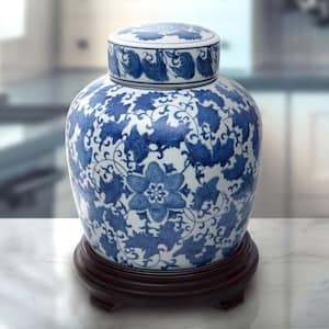 10 in. Oriental Furniture Floral Blue and White Porcelain Ginger Jar