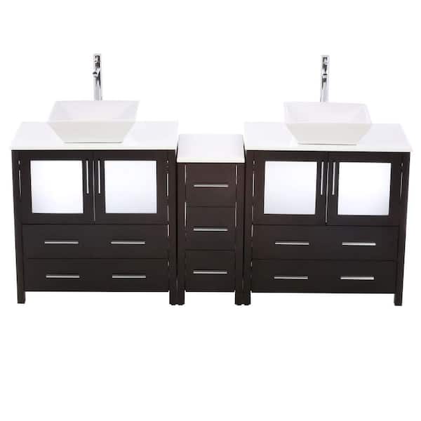 Torino 72 in. Double Vanity in Espresso with Glass Stone Vanity Top in White with White Basins and Mirrors