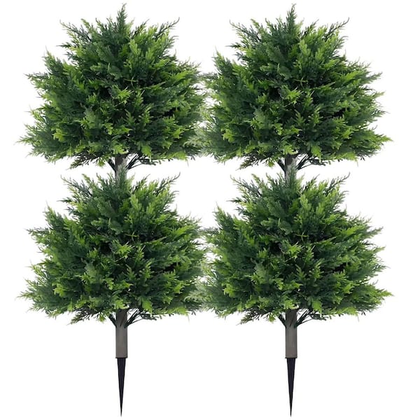 2 ft. Height Artificial Cypress Topiary Outdoor Tree with Spike, Ever Green Planter Filler, UV Resistance, 4PCS
