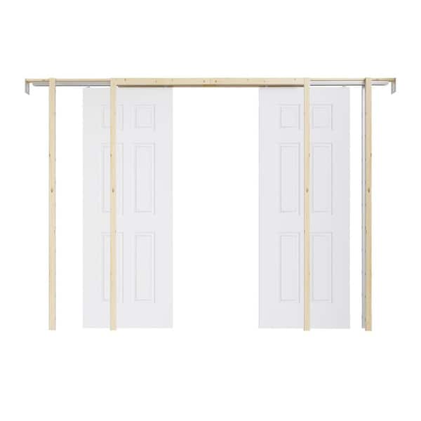 60 in. x 80 in. White Primed 6-Panel Molded Solid Core Wood Pocket Door with Door Frame Hardware Kit and Soft Close