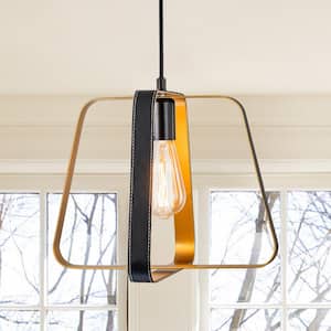 60 -Watt 1-Light Black and Gold Finish Pendant Light with Leather Accent, No Bulbs Included