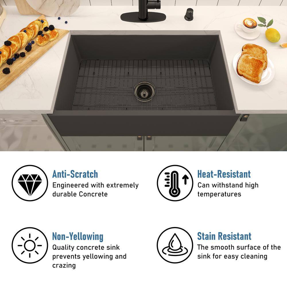 33'' Black Earth Concrete Farmhouse Apron Single Bowl Kitchen Sink