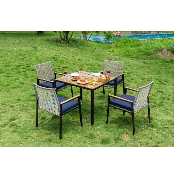 TIRAMISUBEST 5-Piece Wood Outdoor Dining Set with CushionGuard Blue Cushions and Tempered Glass Top​