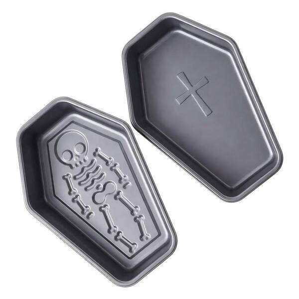2-Pack 10 x 6.9 in. Nonstick Coffin Cake Pans, Skeleton Cross Gothic Halloween Baking Molds for Brownie Loaf Dessert
