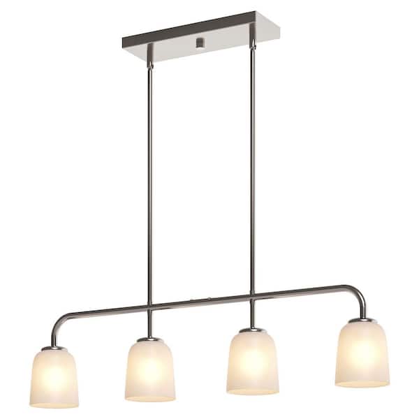 36.4 in. 4-Light Modern Brushed Nickel Linear Island Pendant with White Frosted Glass Shade for Kitchen Island