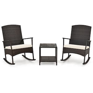 3 Piece Wicker Outdoor Rocking Chair with 2-Tier Coffee Table Off White Cushion