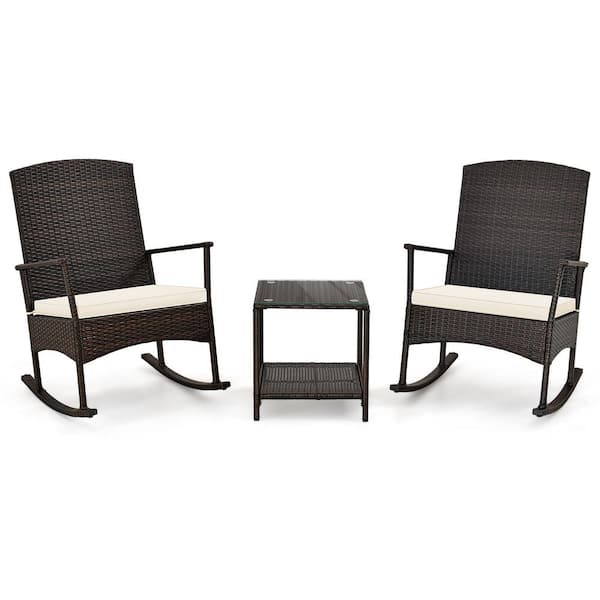 Costway 3 Piece Wicker Outdoor Rocking Chair with 2-Tier Coffee Table Off White Cushion