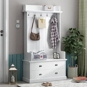 White Hall Tree and Shoe Storage Bench with Drawers Wooden Coat Rack with 5 Hooks for Mudroom Organization Entryway