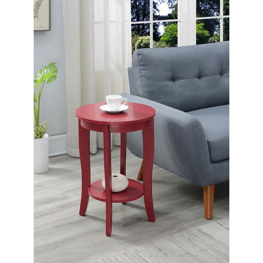 Cranberry Red Round Wooden End Table with Storage Shelf