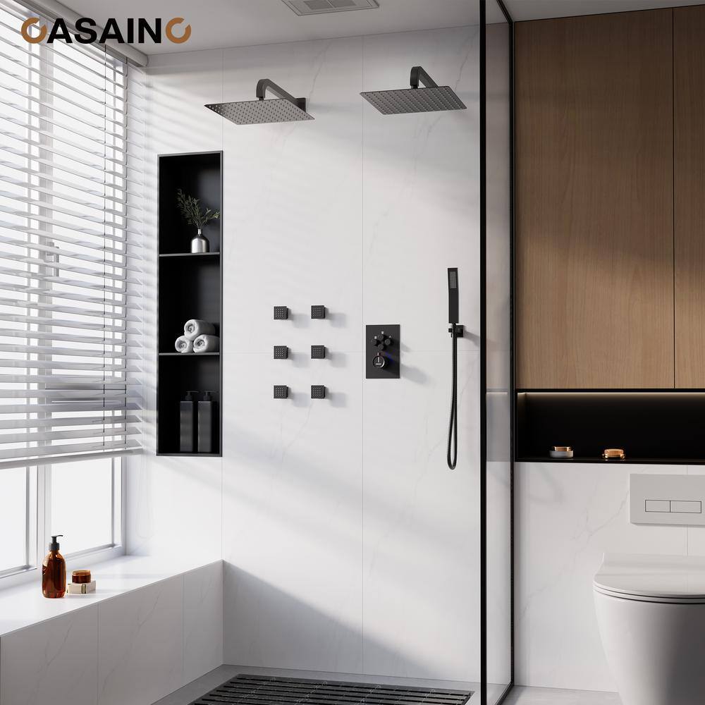 Matte Black Dual Shower Head Thermostatic System with Body Jets