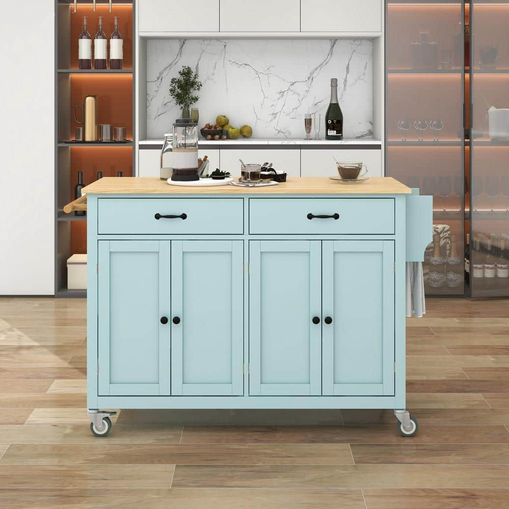 Blue Rubber Wood Countertop 53.1 in. W Kitchen Island on 5-Wheels with 8  Handle-Free Drawers and Flatware Organizer ktkhwy14 - The Home Depot