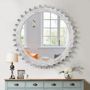 42 in. W x 42 in. H Round Framed Floating Wall Bathroom Vanity Mirror in Antiqued White Solid Wood