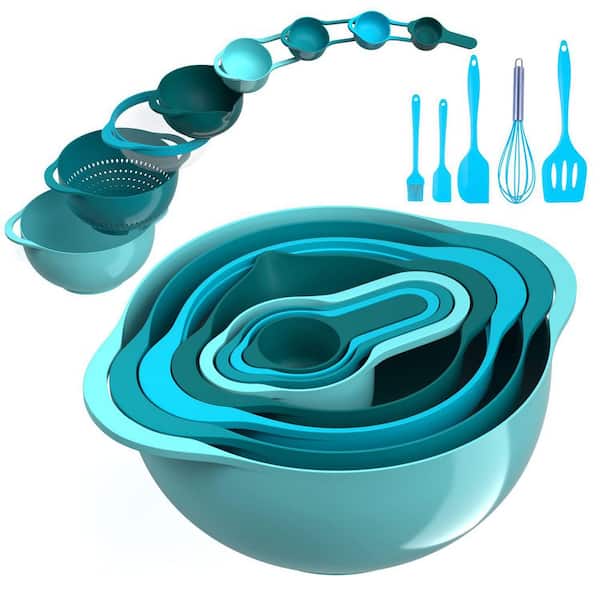13-Piece Plastic Mixing Bowl Set Colorful Finish with Measuring Cups Colander Sifter Whisk Scraper for Kitchen