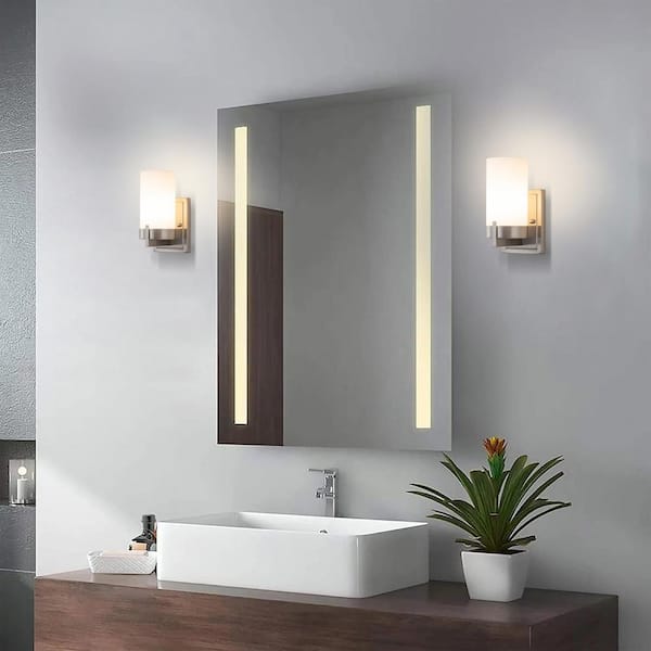 4.5 in. 1-Light Satin Nickel Vanity Light Wall Sconce with Frosted Glass Shade