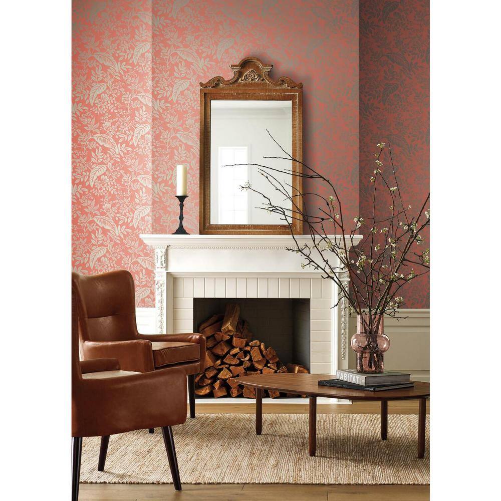 Canopy Lush Tropical Leaves 27' x 27" Black and Rose Wallpaper Roll