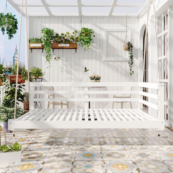 White Acacia Wood Porch Swing, Patio Twin Size Swing Daybed with 4pcs 96-inch Hemp Ropes