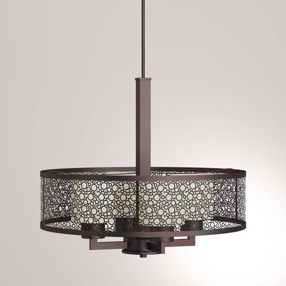 Antique Bronze Drum Pendant Light with Natural Parchment Glass