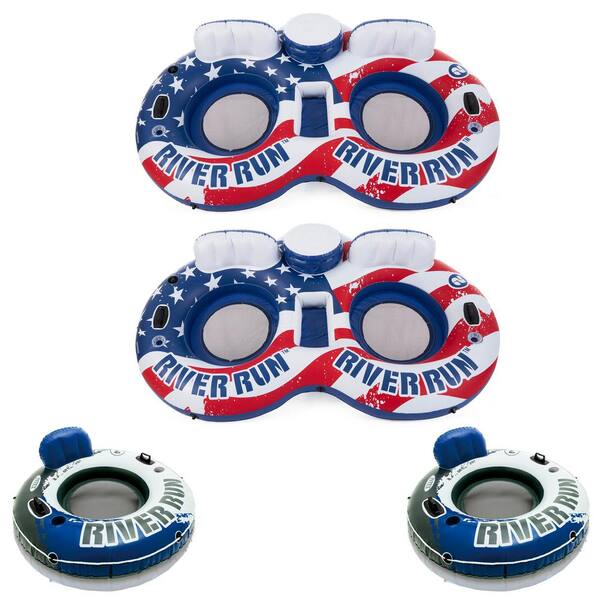 Intex Multi-Color Vinyl American Flag 2 Person Float (2-Pack) w/River Run 1-Person Tube (2-Pack), A Total Of (4-Pack)