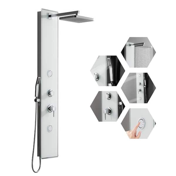 BWE 2-Jet Rainfall Glass Shower Panel System with Waterfall Shower Head and Shower Wand in Polished Chrome