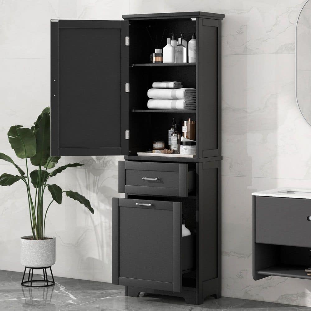 13.5 in. W x 13.5 in. D x 68.4 in. H Black Wood Freestanding Storage Linen Cabinet with 2 Different Size Drawers price history on PriceWatchPro