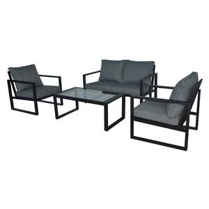 Barclay Black 4-Piece Steel Outdoor Patio Conversation Set with Grey Cushions