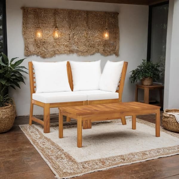 Benjara 3-Piece Brown and White Wood Outdoor Sectional Sofa with Table and White Cushion