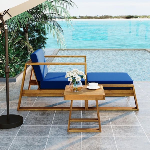 Brown Acacia Wood Outdoor Lounge Chair Set with Blue Cushion and