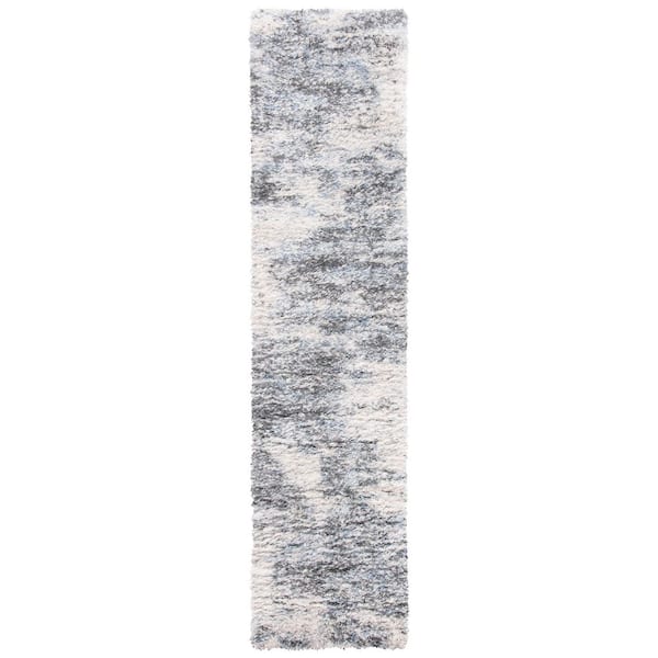 Berber Shag 2 ft. x 12 ft. Ivory/Gray Abstract Distressed Runner Rug