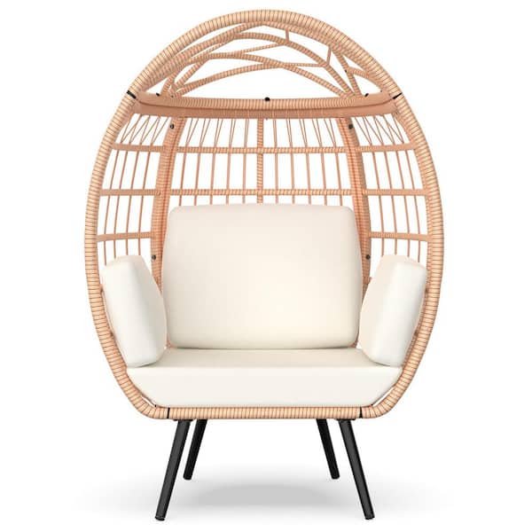 SEEUTEK Wicker Egg Lounger Chair, Oversized Indoor Outdoor Lounger with 4 UV Resistant White Cushions