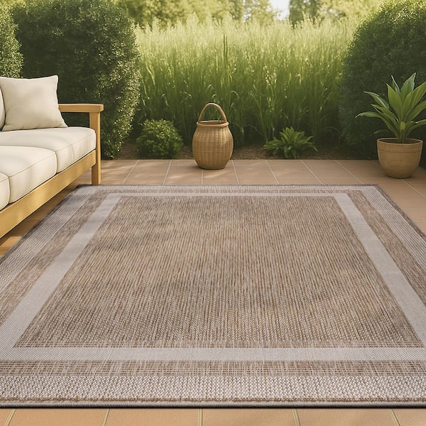 Dover Classic 3-Stripe Border Beige/Cream 8 ft. x 10 ft. Indoor/Outdoor Area Rug