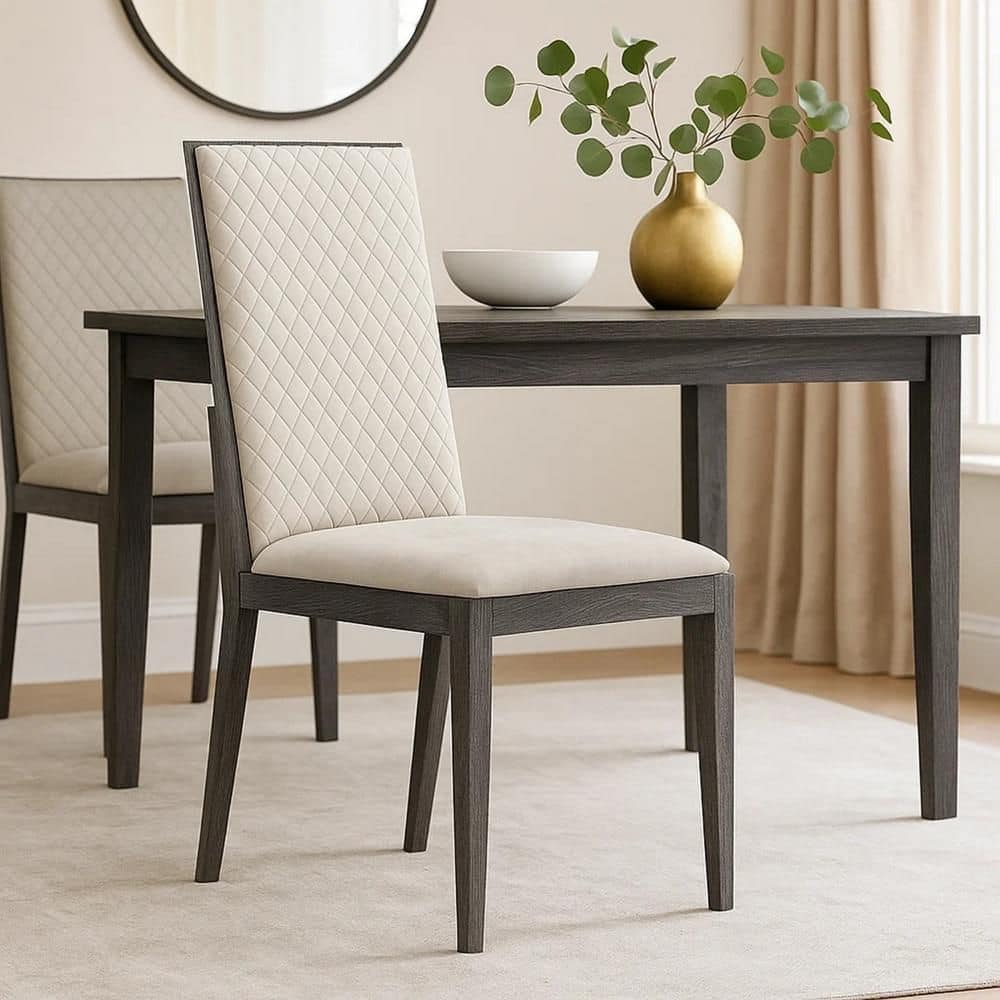 Benjara Veny Gray and Dark Walnut Brown Faux Leather Upholstered Dining ...