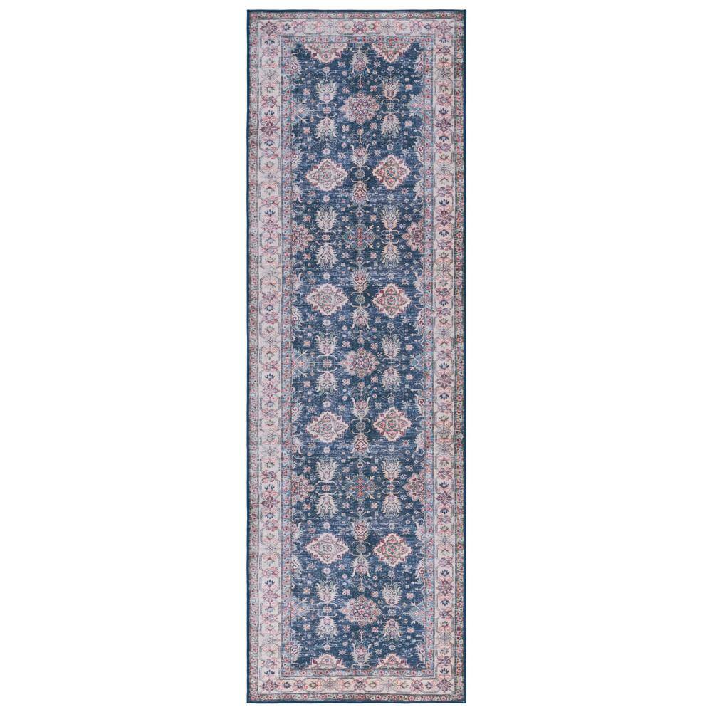 SAFAVIEH Tucson Navy/Beige 3 ft. x 8 ft. Machine Washable Floral Border ...