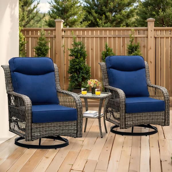 INNUMIA 3 Piece Wicker Outdoor Bistro Set with 5 in. Thick Blue Cushions, Outdoor Swivel Chairs with Side Table for Porch