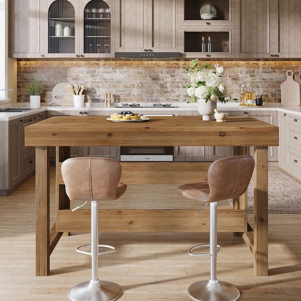 BYBLIGHT Keenyah Brown 55.12 in. W Farmhouse Kitchen Island w/ 2