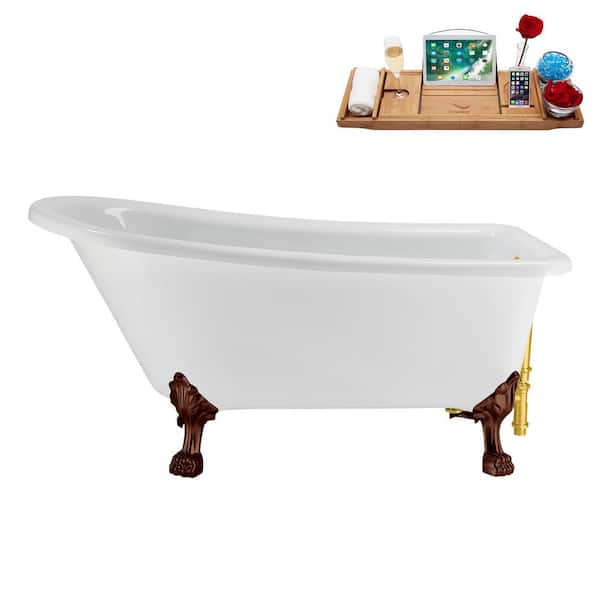 Streamline 58 in. x 28 in. Acrylic Clawfoot Soaking Bathtub in Glossy White Polished Gold Drain, Matte Oil Rubbed Bronze Clawfeet