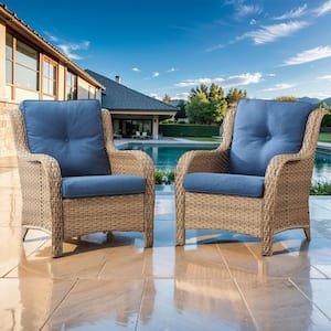 Yellow Wicker Outdoor Patio Lounge Chair with CushionGuard Blue Cushions (2-Pack)