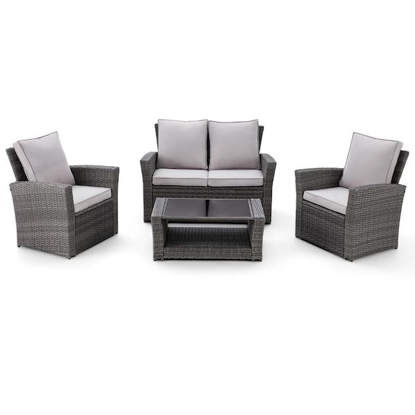 Inner Decor 4-Pieces PE Rattan Wicker Patio Conversation Sets with Gray Cushions, 2 Single Chairs, 1 Double Sofa, and 1 Coffee Table