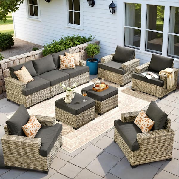 HOOOWOOO Kelleys 9-Piece Wicker Modern Outdoor Patio Conversation Sofa Seating Set with Black Cushions