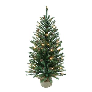 Pre-Lit 3 ft. Fir Artificial Christmas Tree with Pines Cones and 50 Lights, Green